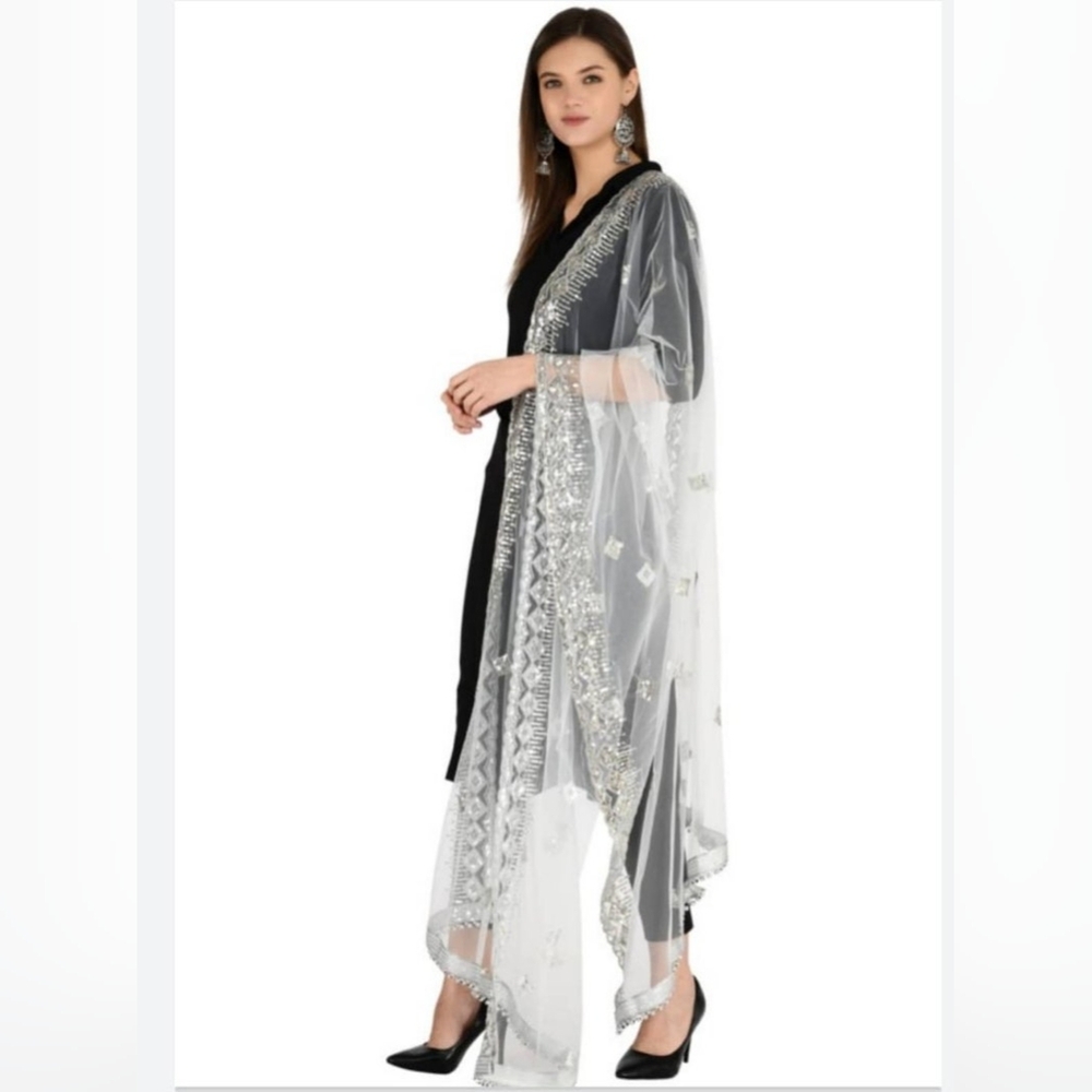 White net silver sequence dupatta/ veil/ scarf/ with cut work border